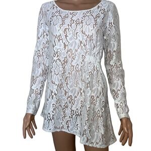 WHBM dress lace asymmetrical see through plated side waist long sleeve SZ SM